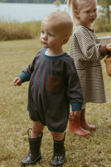 Harley Pocket Romper in Deep Blue Chocolate Stripe