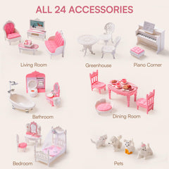 ROBUD Wooden Dollhouse for Kids with 24pcs Furniture Preschool