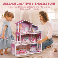 ROBUD Wooden Dollhouse for Kids with 24pcs Furniture Preschool