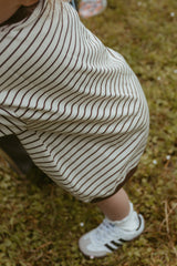 Cory Pocket Romper in Thin Chocolate Stripe