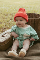 Cory Pocket Romper in Thin Mineral Green Stripe
