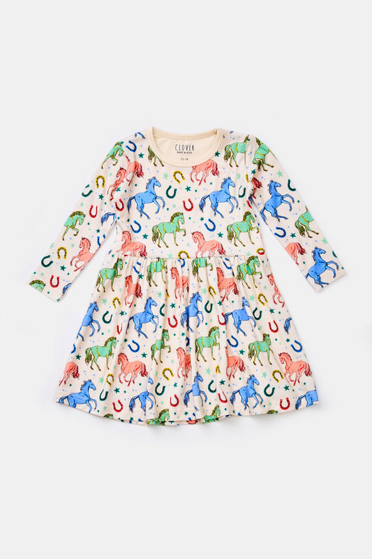 Stretchy Long Sleeve Twirl Dress - Horses