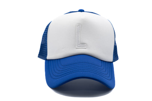 Royal Blue & White Letter Trucker Hat