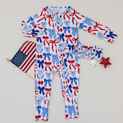 Bamboo Zip Romper | Red-White & Bows