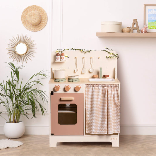 ROBUD Rustic Wooden Kids Play Kitchen Set with Leaf Light String