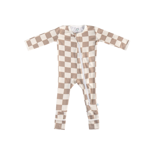 Baby Bamboo Pajamas w/ DreamCuffs® - Oat Latte Checkerboard