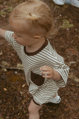 Cory Pocket Romper in Thin Chocolate Stripe