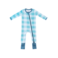 Baby Bamboo Pajamas w/ DreamCuffs® - Aqua Gingham
