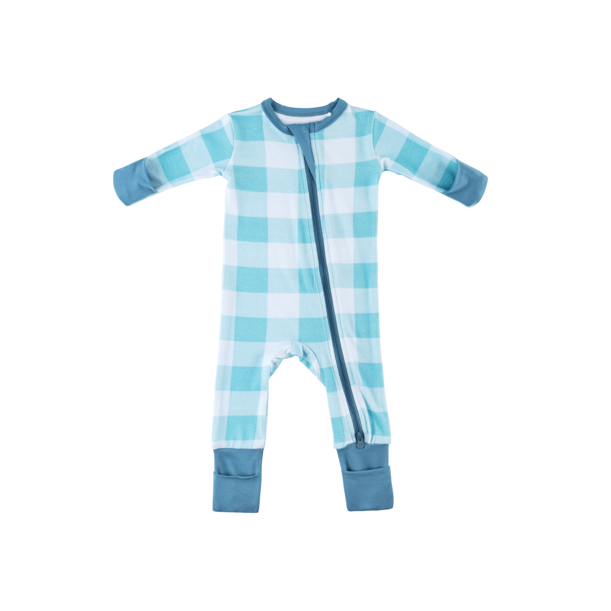 Baby Bamboo Pajamas w/ DreamCuffs® - Aqua Gingham