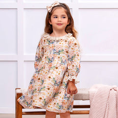 Vintage Floral Dress with Lace Collar Ruffles, Linen Blend