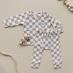 Checkered Smiley Lounge Set | Latte