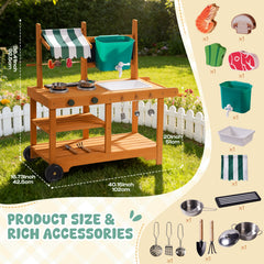 ROBUD Mud Kitchen for Kids Outdoor with Canopy & Wheels