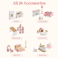 ROBUD Wooden Dollhouse Furniture Set - Pink