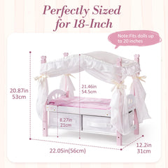 ROBUD Ballet Series - Wooden Doll Canopy Bed for 18 Inch Dolls