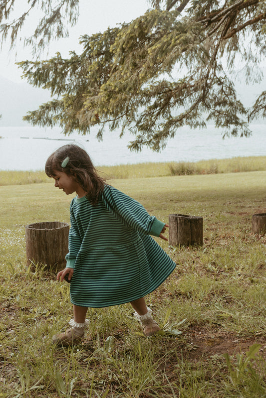 Kelsey Dress in Green Blue Stripe