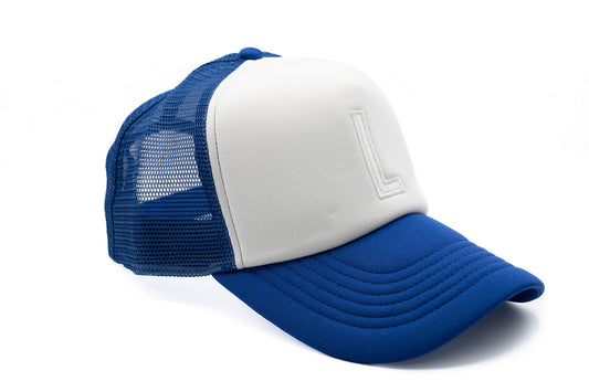 Royal Blue & White Letter Trucker Hat